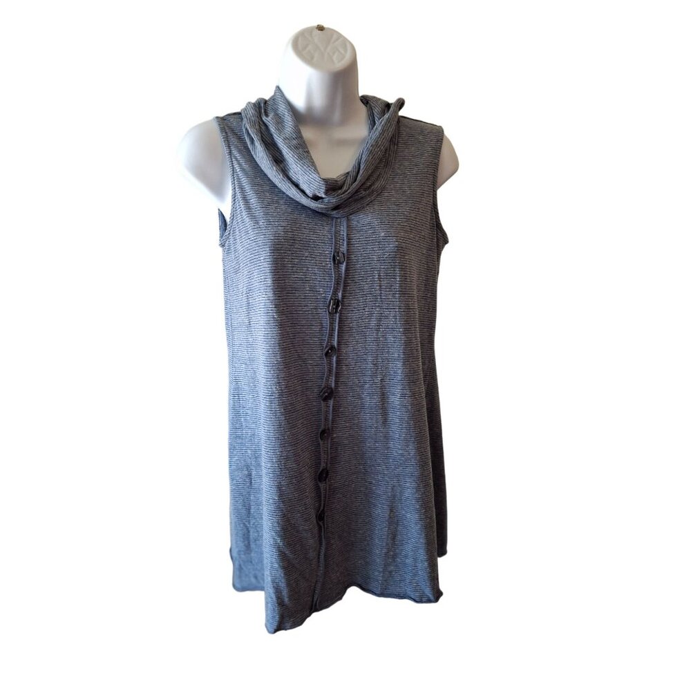 Pure Essence Women Tunic Top SP Blue Sleeveless Button Front Cowl Neck Lagenlook
